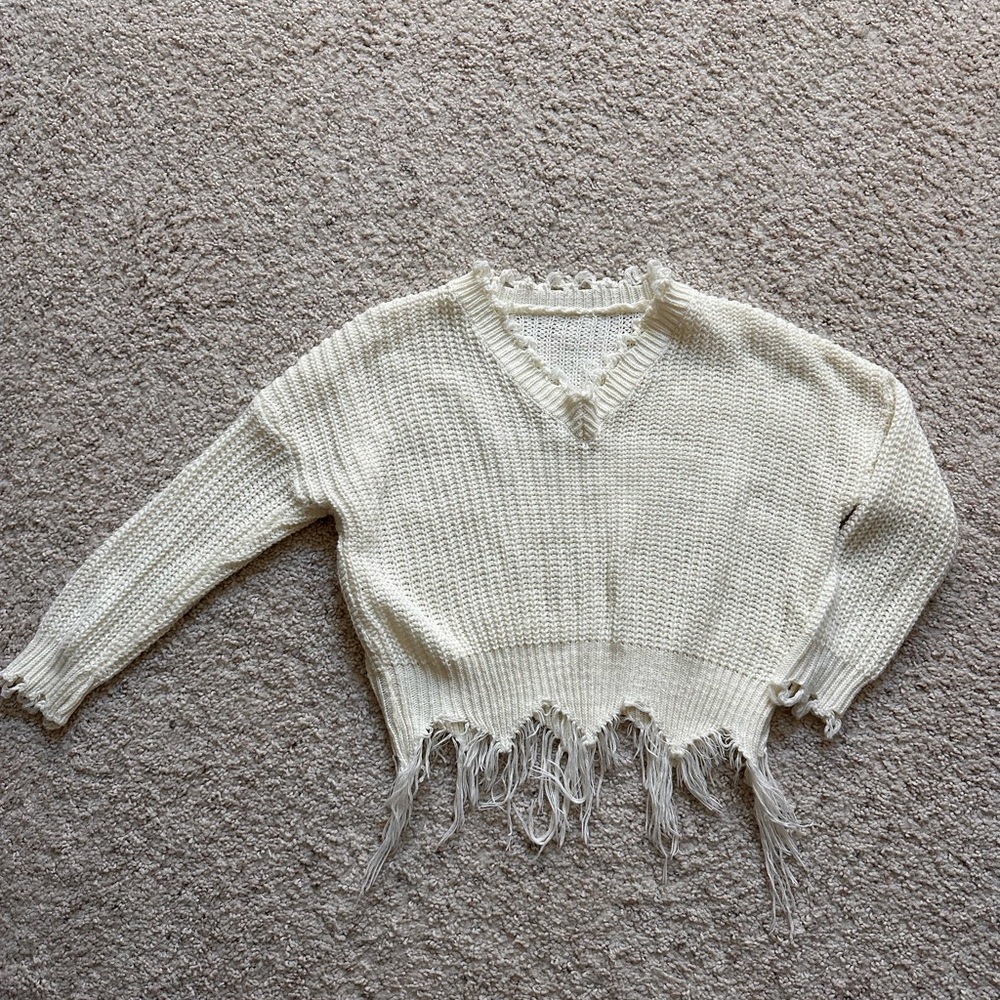 Fringed Cream Sweater